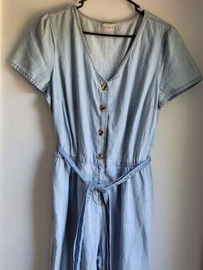 St. John's Bay Blue Denim Button-Front Women's Romper with Tie Waist Size PL